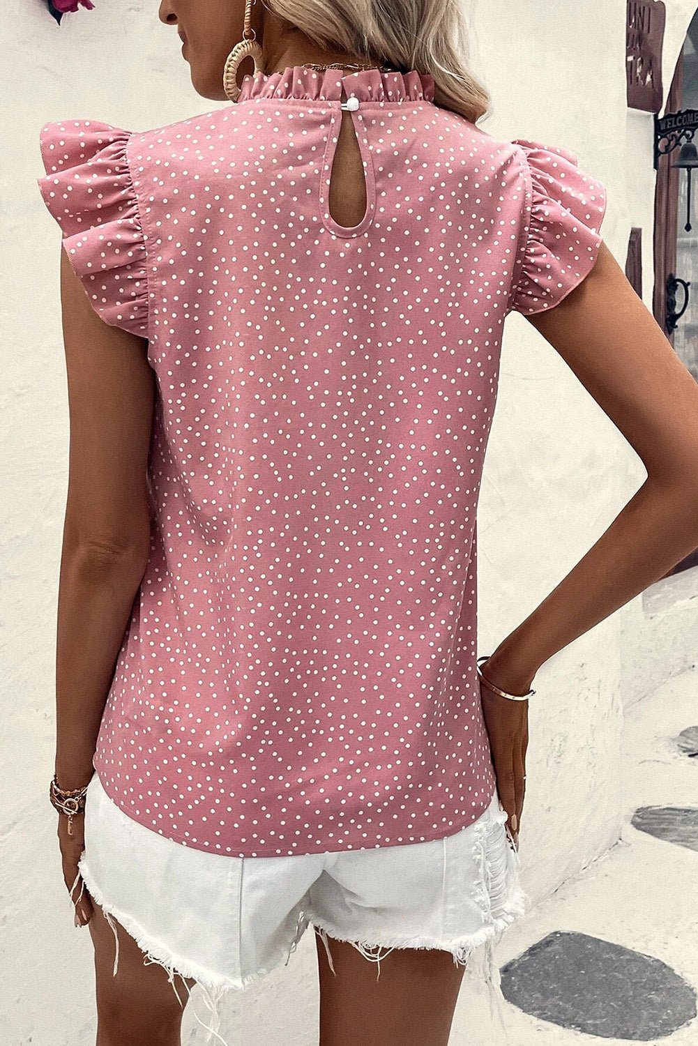 Frill Polka Dot Cap Sleeve Blouse - Opulent EmpireFrill Polka Dot Cap Sleeve BlouseOpulent Empire