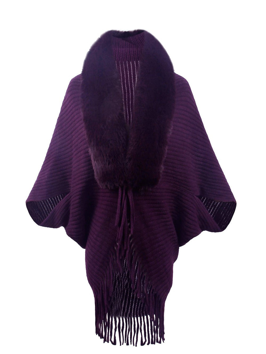 Fringe Detail Long Sleeve Ribbed Poncho - Opulent EmpireFringe Detail Long Sleeve Ribbed PonchoOpulent EmpireClothing