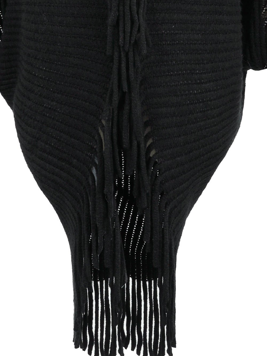 Fringe Detail Long Sleeve Ribbed Poncho - Opulent EmpireFringe Detail Long Sleeve Ribbed PonchoOpulent EmpireClothing