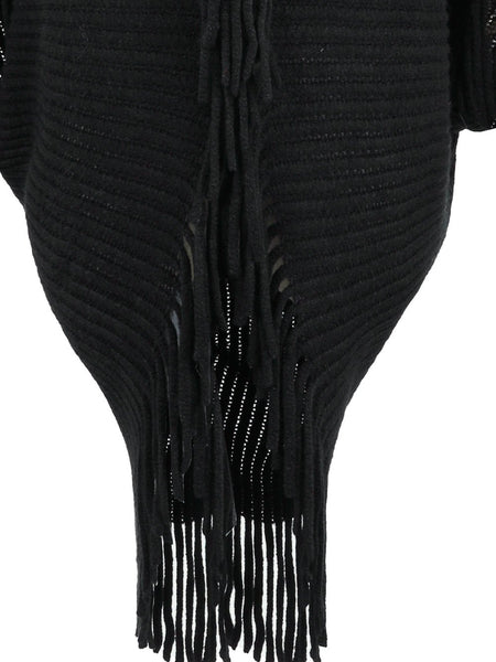 Fringe Detail Long Sleeve Ribbed Poncho - Opulent EmpireFringe Detail Long Sleeve Ribbed PonchoOpulent EmpireClothing