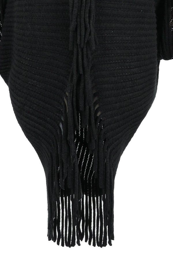 Fringe Detail Long Sleeve Ribbed Poncho - Opulent EmpireFringe Detail Long Sleeve Ribbed PonchoOpulent EmpireClothing