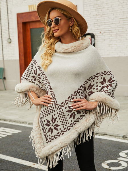 Fringe Geometric Cape Sleeve Poncho - Opulent EmpireFringe Geometric Cape Sleeve PonchoOpulent EmpireClothing