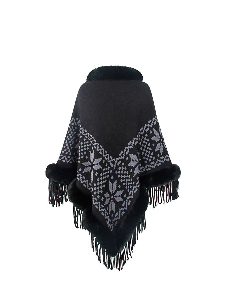 Fringe Geometric Cape Sleeve Poncho - Opulent EmpireFringe Geometric Cape Sleeve PonchoOpulent EmpireClothing