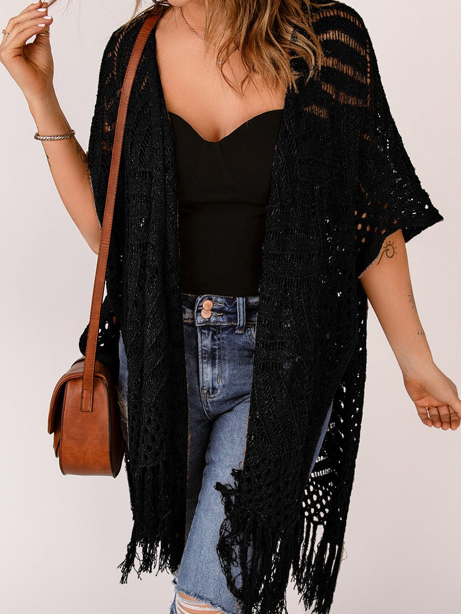 Fringe Hem Slit Open Front Cardigan - Opulent EmpireFringe Hem Slit Open Front CardiganOpulent EmpireClothing