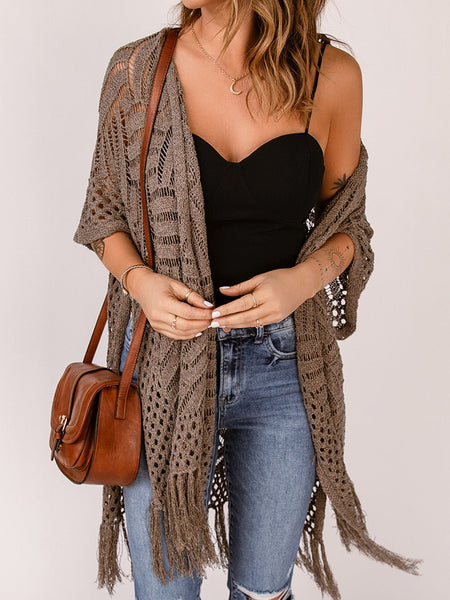 Fringe Hem Slit Open Front Cardigan - Opulent EmpireFringe Hem Slit Open Front CardiganOpulent EmpireClothing