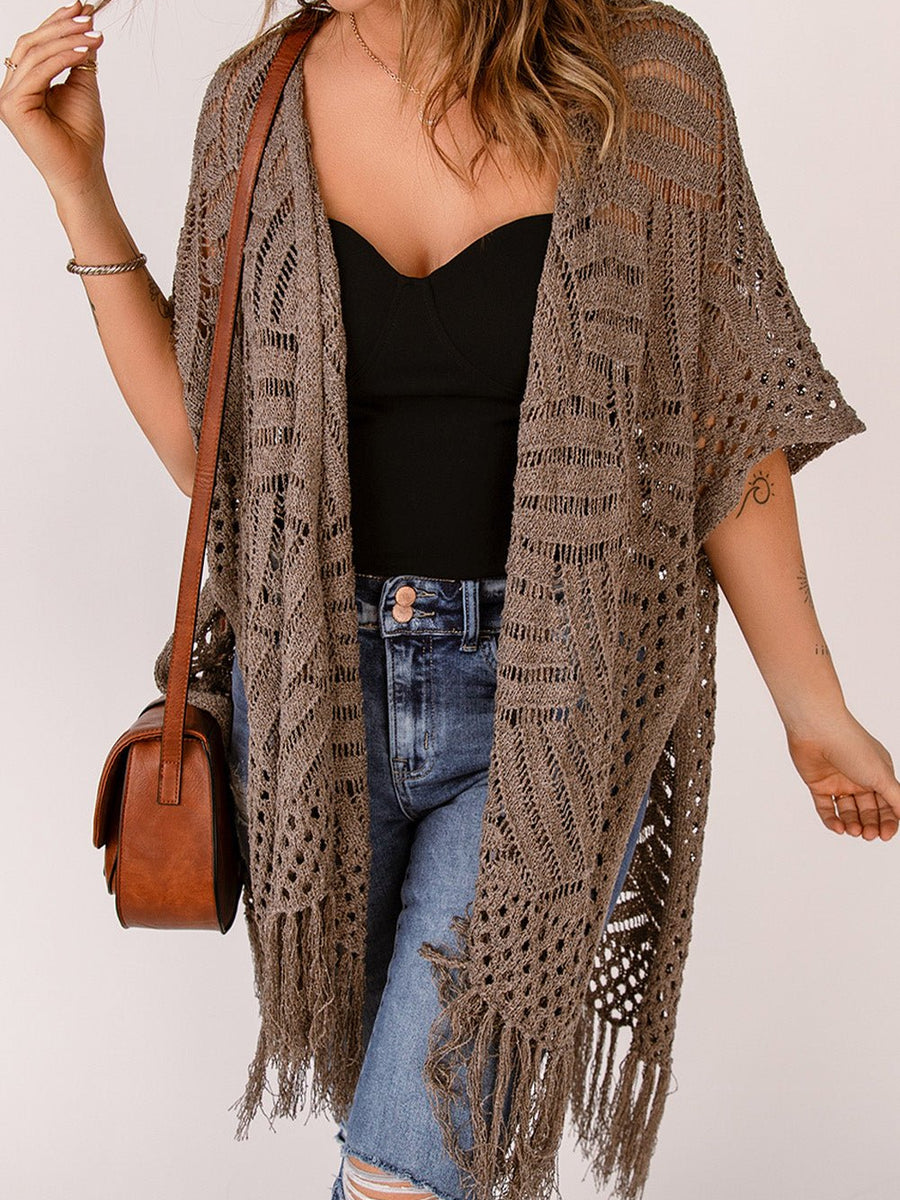 Fringe Hem Slit Open Front Cardigan - Opulent EmpireFringe Hem Slit Open Front CardiganOpulent EmpireClothing