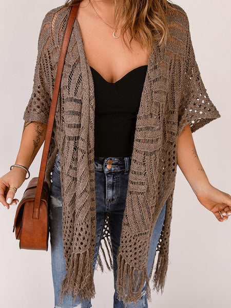 Fringe Hem Slit Open Front Cardigan - Opulent EmpireFringe Hem Slit Open Front CardiganOpulent EmpireClothing