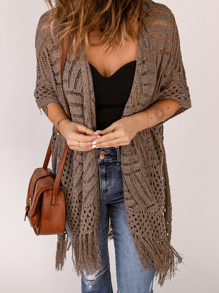 Fringe Hem Slit Open Front Cardigan - Opulent EmpireFringe Hem Slit Open Front CardiganOpulent EmpireClothing