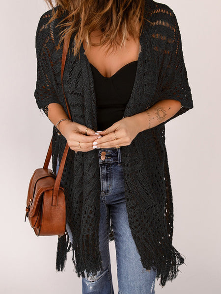 Fringe Hem Slit Open Front Cardigan - Opulent EmpireFringe Hem Slit Open Front CardiganOpulent EmpireClothing