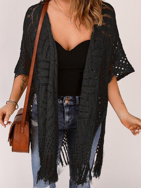 Fringe Hem Slit Open Front Cardigan - Opulent EmpireFringe Hem Slit Open Front CardiganOpulent EmpireClothing