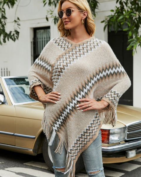 Fringe Hem Striped Cape Sleeve Poncho - Opulent EmpireFringe Hem Striped Cape Sleeve PonchoOpulent EmpireClothing