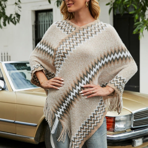 Fringe Hem Striped Cape Sleeve Poncho - Opulent EmpireFringe Hem Striped Cape Sleeve PonchoOpulent EmpireClothing