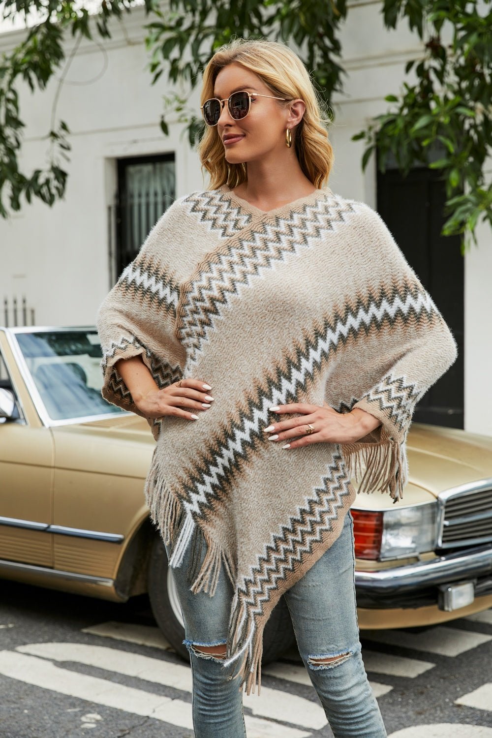 Fringe Hem Striped Cape Sleeve Poncho - Opulent EmpireFringe Hem Striped Cape Sleeve PonchoOpulent EmpireClothing