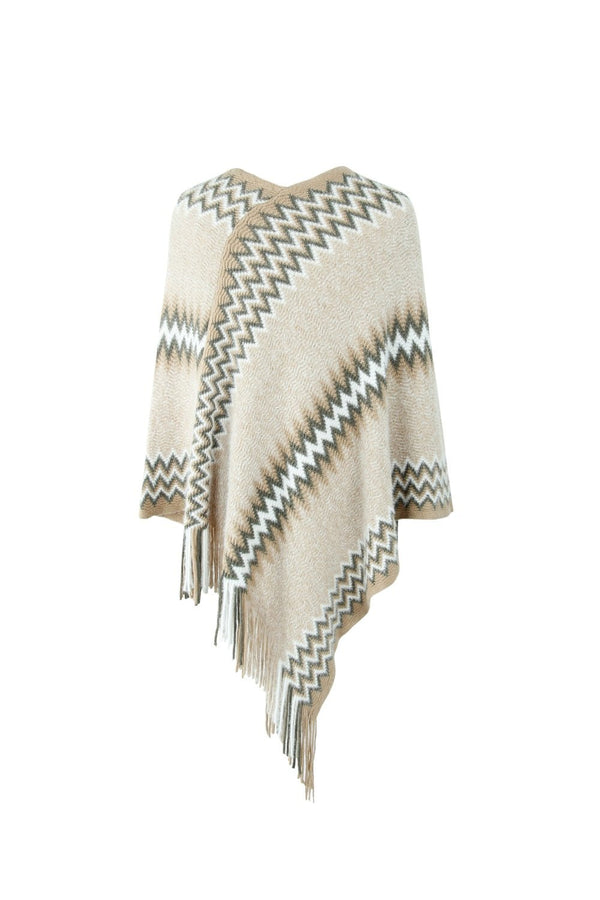 Fringe Hem Striped Cape Sleeve Poncho - Opulent EmpireFringe Hem Striped Cape Sleeve PonchoOpulent EmpireClothing