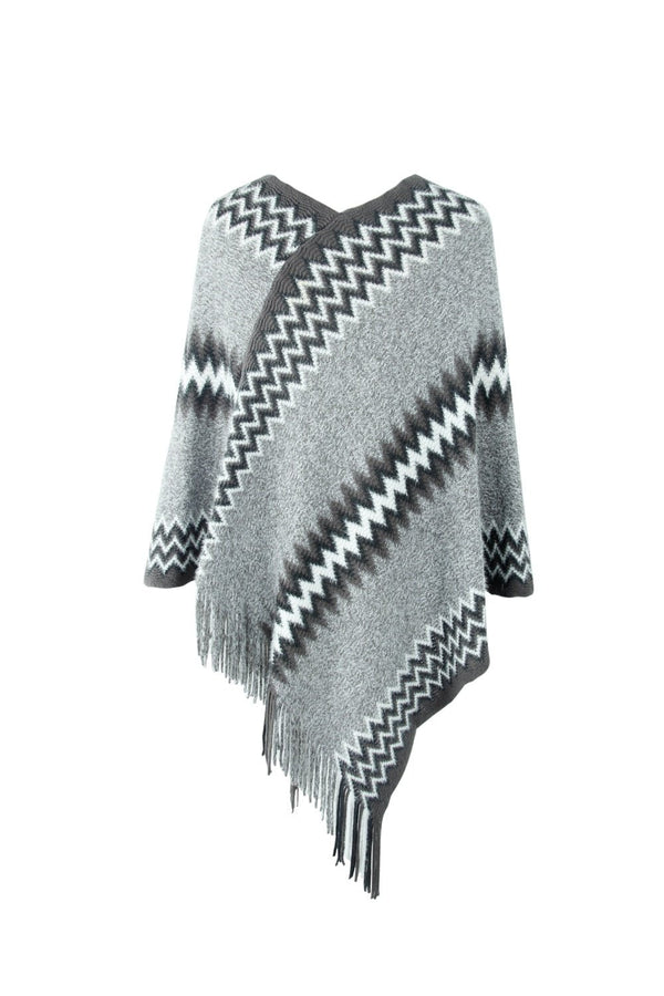 Fringe Hem Striped Cape Sleeve Poncho - Opulent EmpireFringe Hem Striped Cape Sleeve PonchoOpulent EmpireClothing