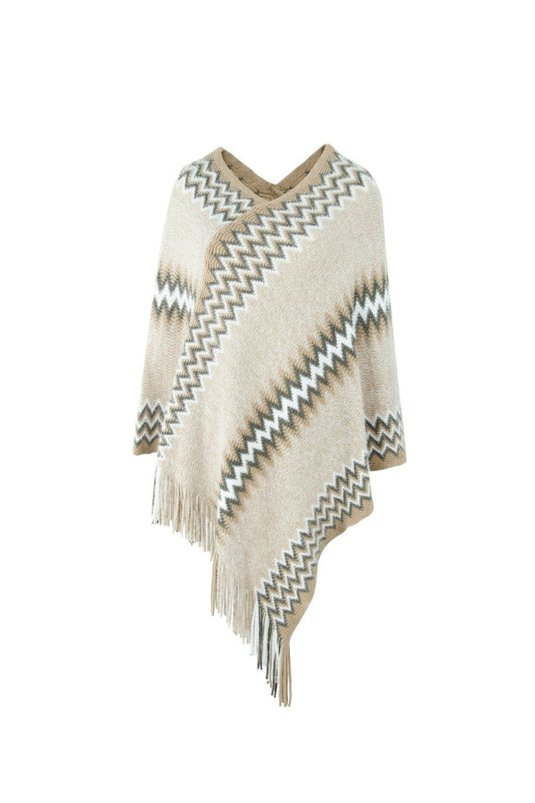 Fringe Hem Striped Cape Sleeve Poncho - Opulent EmpireFringe Hem Striped Cape Sleeve PonchoOpulent EmpireClothing