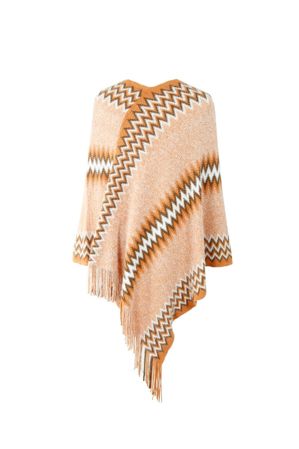 Fringe Hem Striped Cape Sleeve Poncho - Opulent EmpireFringe Hem Striped Cape Sleeve PonchoOpulent EmpireClothing