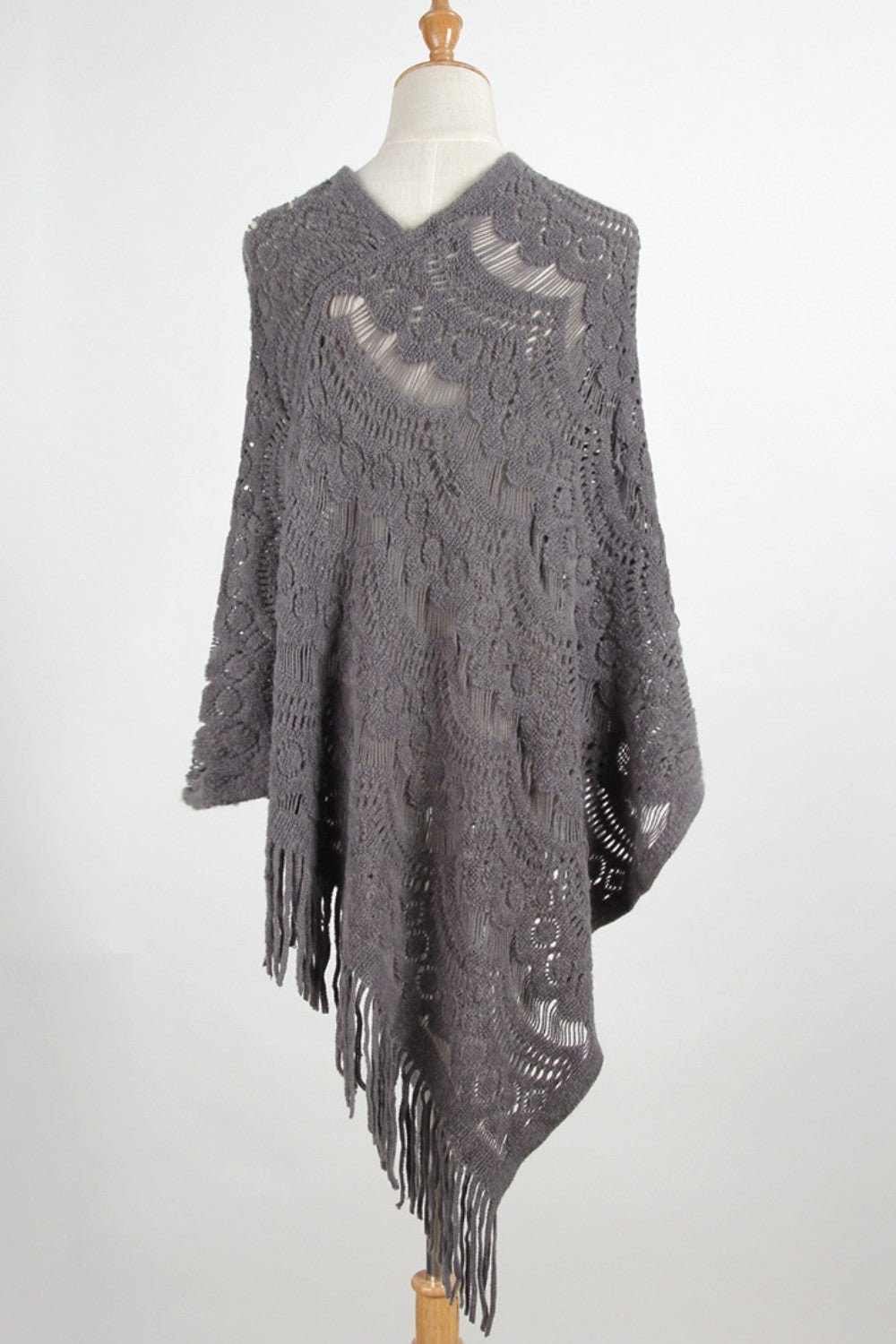 Fringe Openwork Surplice Cape Sleeve Poncho - Opulent EmpireFringe Openwork Surplice Cape Sleeve PonchoOpulent EmpireClothing