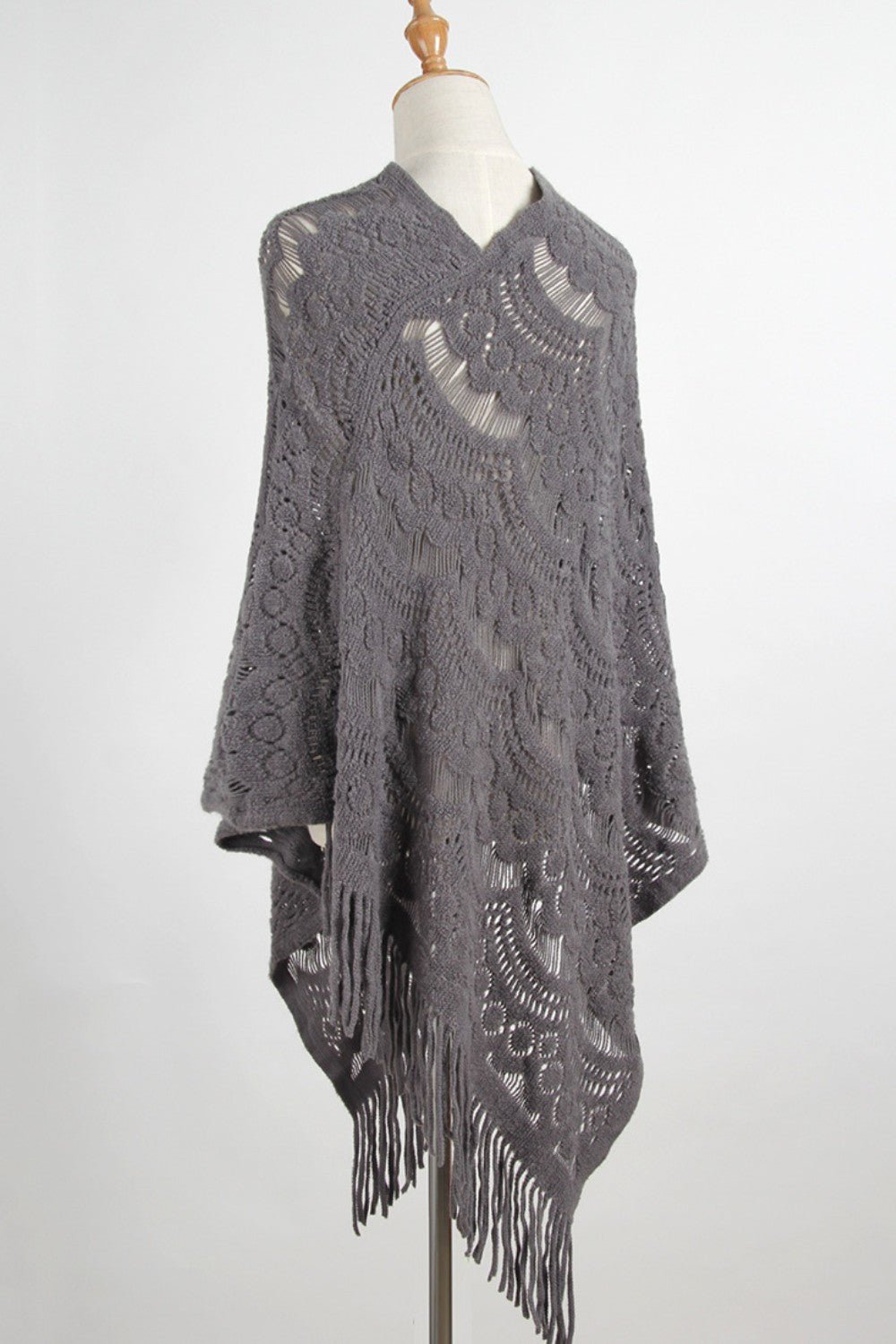 Fringe Openwork Surplice Cape Sleeve Poncho - Opulent EmpireFringe Openwork Surplice Cape Sleeve PonchoOpulent EmpireClothing