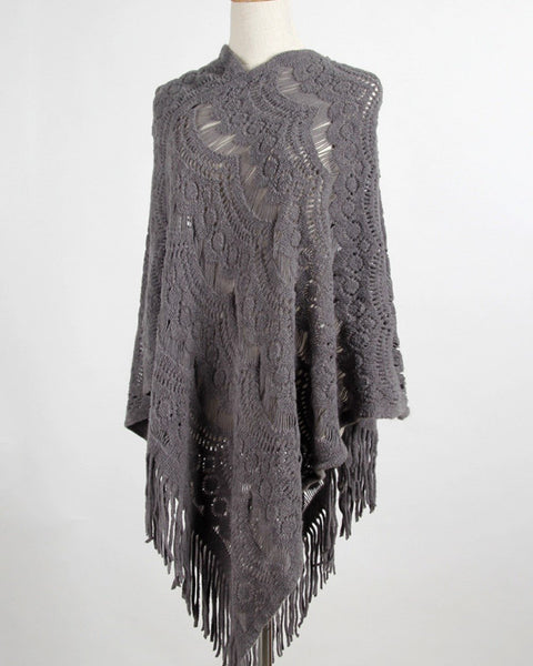 Fringe Openwork Surplice Cape Sleeve Poncho - Opulent EmpireFringe Openwork Surplice Cape Sleeve PonchoOpulent EmpireClothing