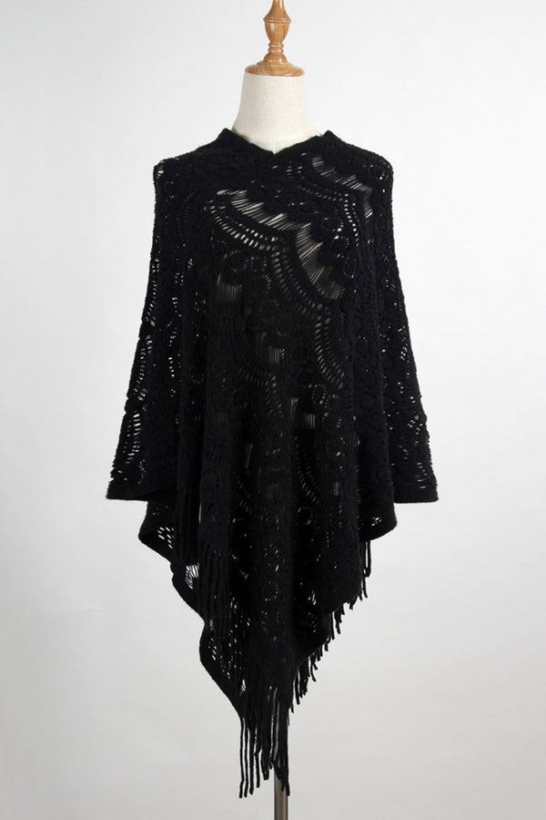 Fringe Openwork Surplice Cape Sleeve Poncho - Opulent EmpireFringe Openwork Surplice Cape Sleeve PonchoOpulent EmpireClothing