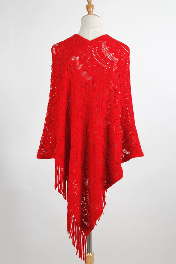 Fringe Openwork Surplice Cape Sleeve Poncho - Opulent EmpireFringe Openwork Surplice Cape Sleeve PonchoOpulent EmpireClothing