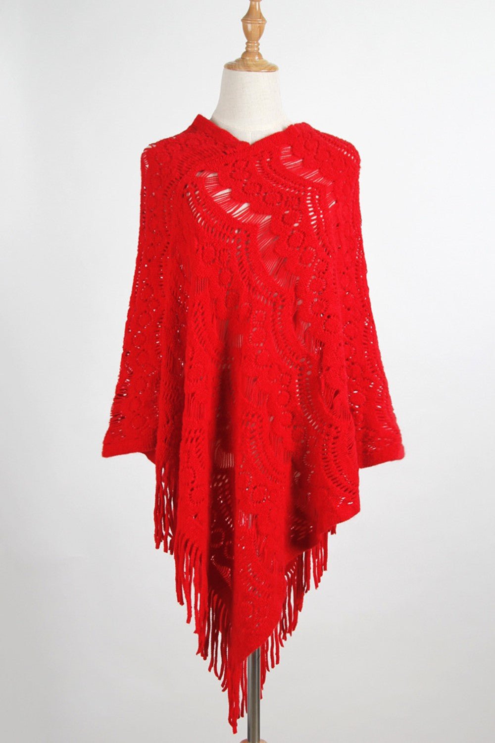 Fringe Openwork Surplice Cape Sleeve Poncho - Opulent EmpireFringe Openwork Surplice Cape Sleeve PonchoOpulent EmpireClothing