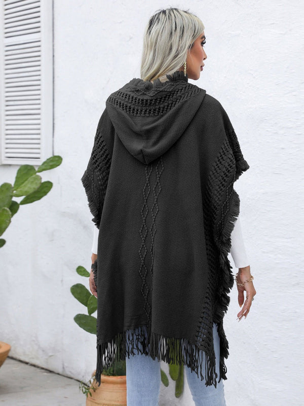 Fringe Trim Buttoned Hooded Poncho - Opulent EmpireFringe Trim Buttoned Hooded PonchoOpulent EmpireClothing