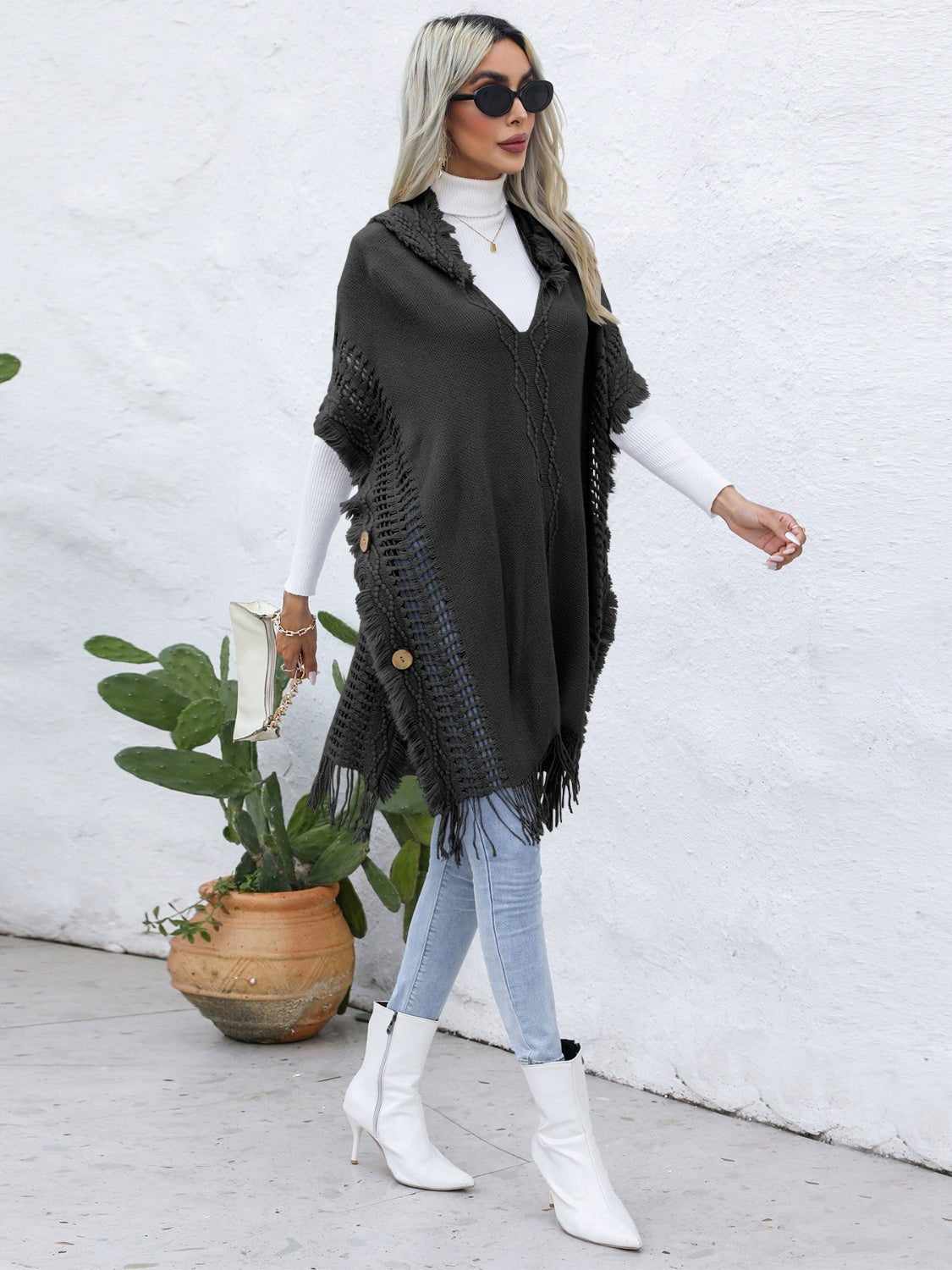 Fringe Trim Buttoned Hooded Poncho - Opulent EmpireFringe Trim Buttoned Hooded PonchoOpulent EmpireClothing