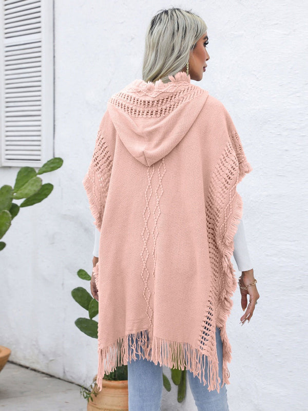 Fringe Trim Buttoned Hooded Poncho - Opulent EmpireFringe Trim Buttoned Hooded PonchoOpulent EmpireClothing