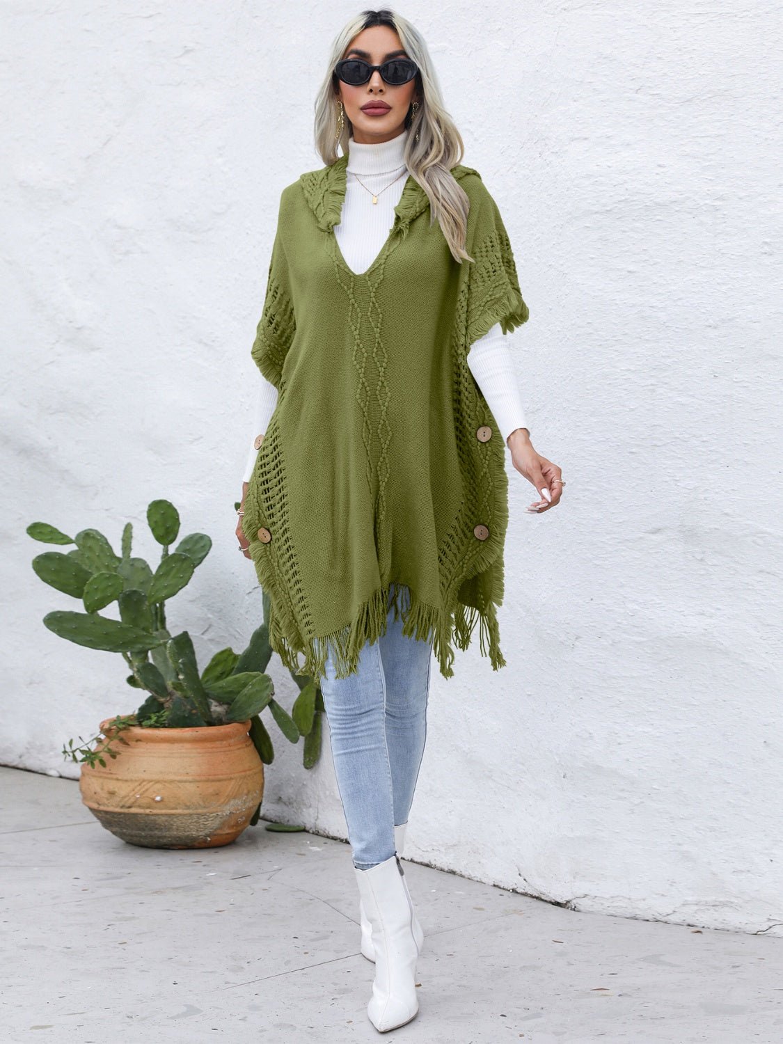 Fringe Trim Buttoned Hooded Poncho - Opulent EmpireFringe Trim Buttoned Hooded PonchoOpulent EmpireClothing