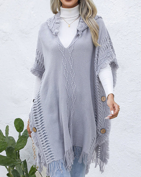 Fringe Trim Buttoned Hooded Poncho - Opulent EmpireFringe Trim Buttoned Hooded PonchoOpulent EmpireClothing