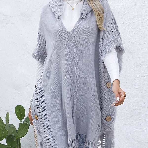 Fringe Trim Buttoned Hooded Poncho - Opulent EmpireFringe Trim Buttoned Hooded PonchoOpulent EmpireClothing