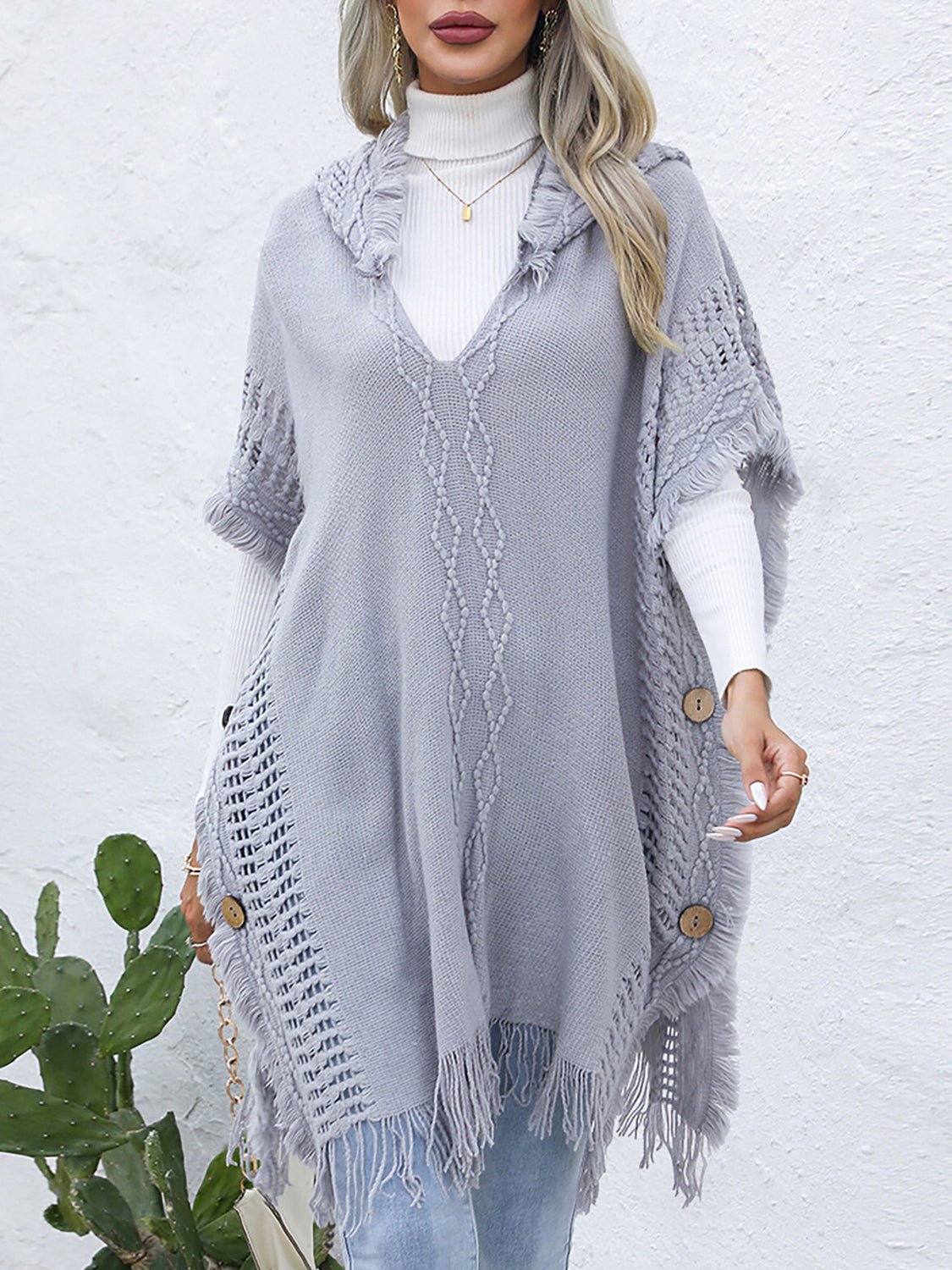 Fringe Trim Buttoned Hooded Poncho - Opulent EmpireFringe Trim Buttoned Hooded PonchoOpulent EmpireClothing