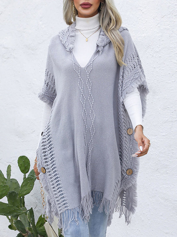 Fringe Trim Buttoned Hooded Poncho - Opulent EmpireFringe Trim Buttoned Hooded PonchoOpulent EmpireClothing