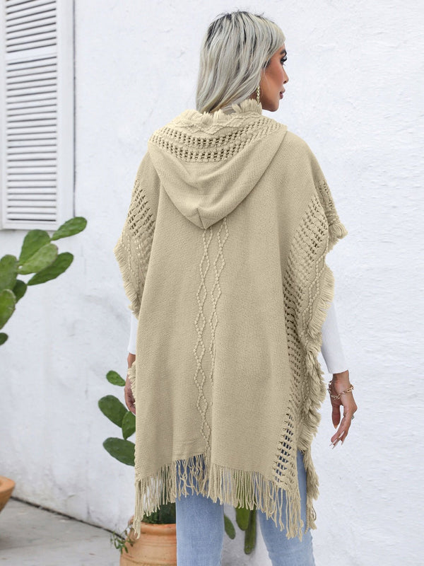 Fringe Trim Buttoned Hooded Poncho - Opulent EmpireFringe Trim Buttoned Hooded PonchoOpulent EmpireClothing