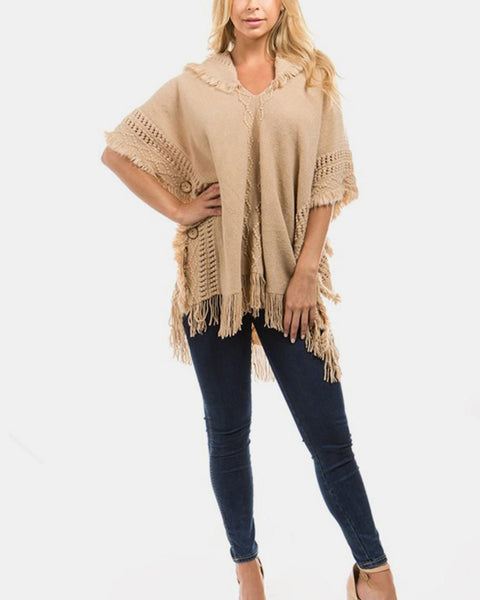 Fringed Crochet Buttoned Hooded Poncho - Opulent EmpireFringed Crochet Buttoned Hooded PonchoOpulent EmpireClothing