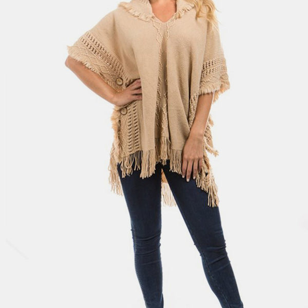 Fringed Crochet Buttoned Hooded Poncho - Opulent EmpireFringed Crochet Buttoned Hooded PonchoOpulent EmpireClothing