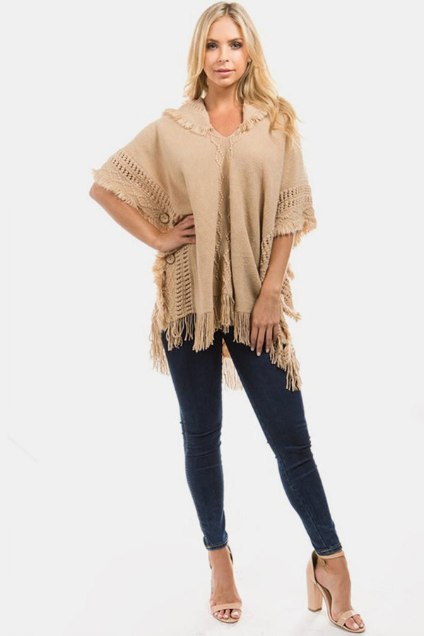 Fringed Crochet Buttoned Hooded Poncho - Opulent EmpireFringed Crochet Buttoned Hooded PonchoOpulent EmpireClothing