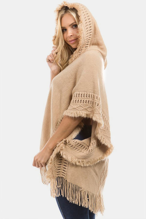 Fringed Crochet Buttoned Hooded Poncho - Opulent EmpireFringed Crochet Buttoned Hooded PonchoOpulent EmpireClothing