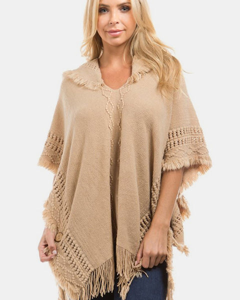 Fringed Crochet Buttoned Hooded Poncho - Opulent EmpireFringed Crochet Buttoned Hooded PonchoOpulent EmpireClothing