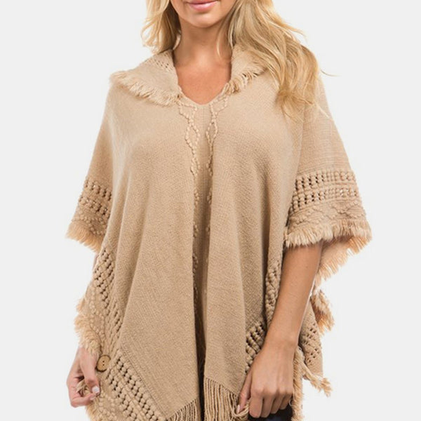 Fringed Crochet Buttoned Hooded Poncho - Opulent EmpireFringed Crochet Buttoned Hooded PonchoOpulent EmpireClothing