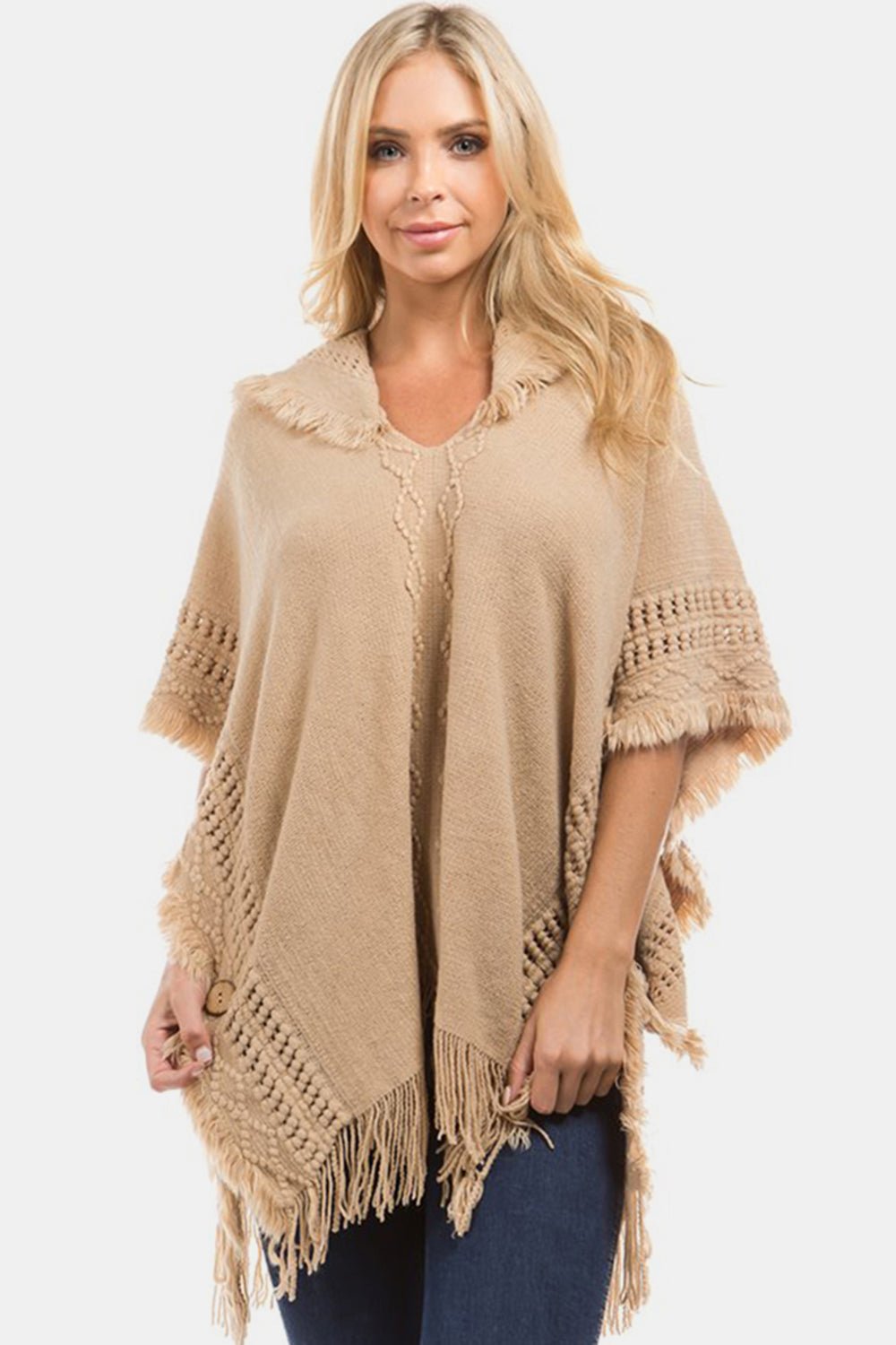 Fringed Crochet Buttoned Hooded Poncho - Opulent EmpireFringed Crochet Buttoned Hooded PonchoOpulent EmpireClothing