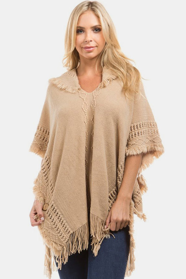 Fringed Crochet Buttoned Hooded Poncho - Opulent EmpireFringed Crochet Buttoned Hooded PonchoOpulent EmpireClothing