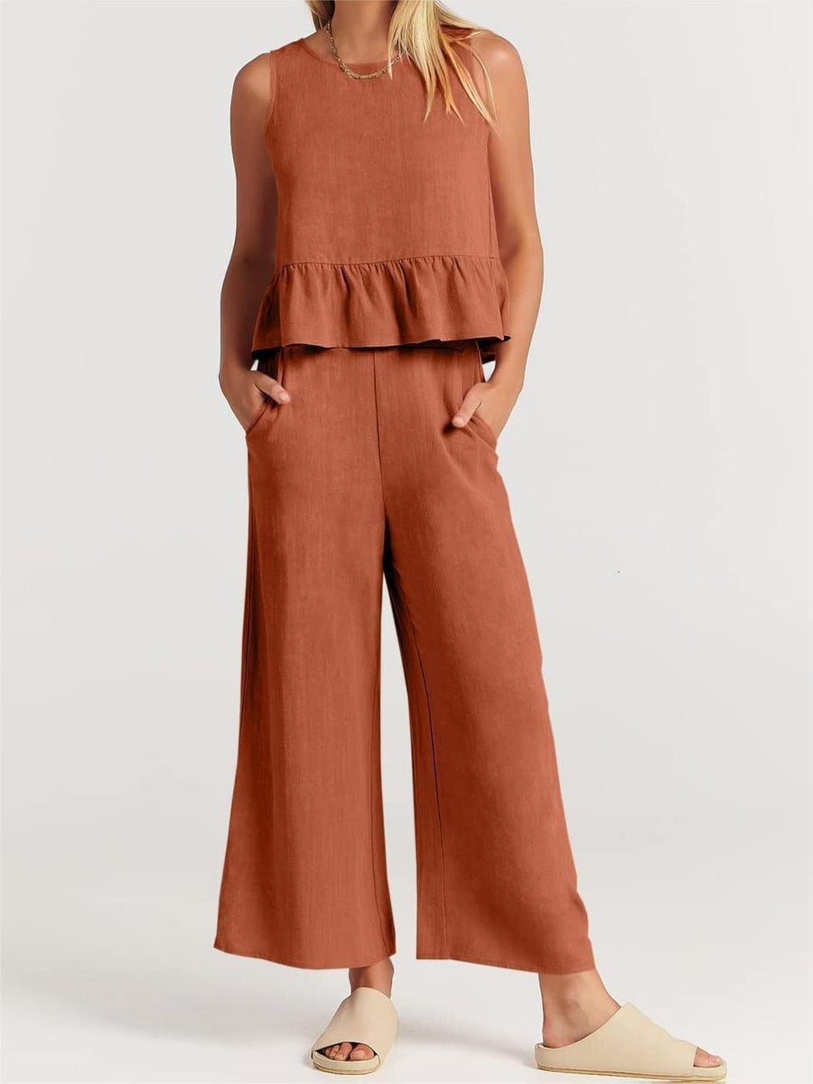 Full Size Round Neck Top and Wide Leg Pants Set - Opulent EmpireFull Size Round Neck Top and Wide Leg Pants SetOpulent Empire