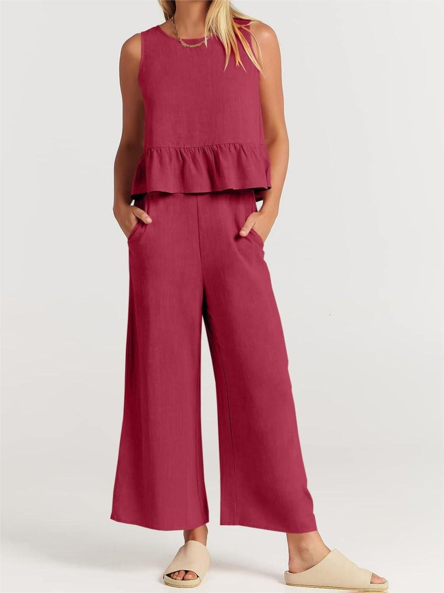 Full Size Round Neck Top and Wide Leg Pants Set - Opulent EmpireFull Size Round Neck Top and Wide Leg Pants SetOpulent Empire