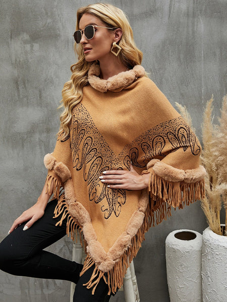 Graphic Fringe Cape Sleeve Poncho - Opulent EmpireGraphic Fringe Cape Sleeve PonchoOpulent EmpireClothing