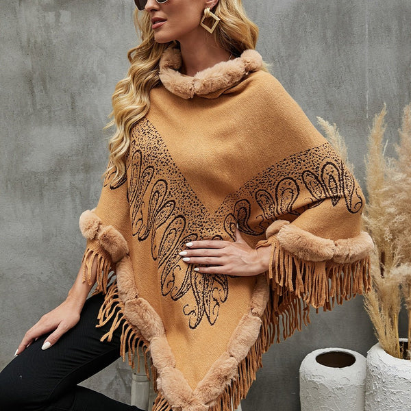 Graphic Fringe Cape Sleeve Poncho - Opulent EmpireGraphic Fringe Cape Sleeve PonchoOpulent EmpireClothing