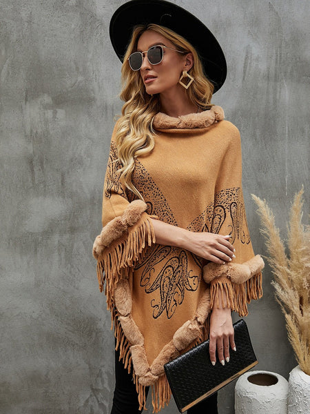 Graphic Fringe Cape Sleeve Poncho - Opulent EmpireGraphic Fringe Cape Sleeve PonchoOpulent EmpireClothing