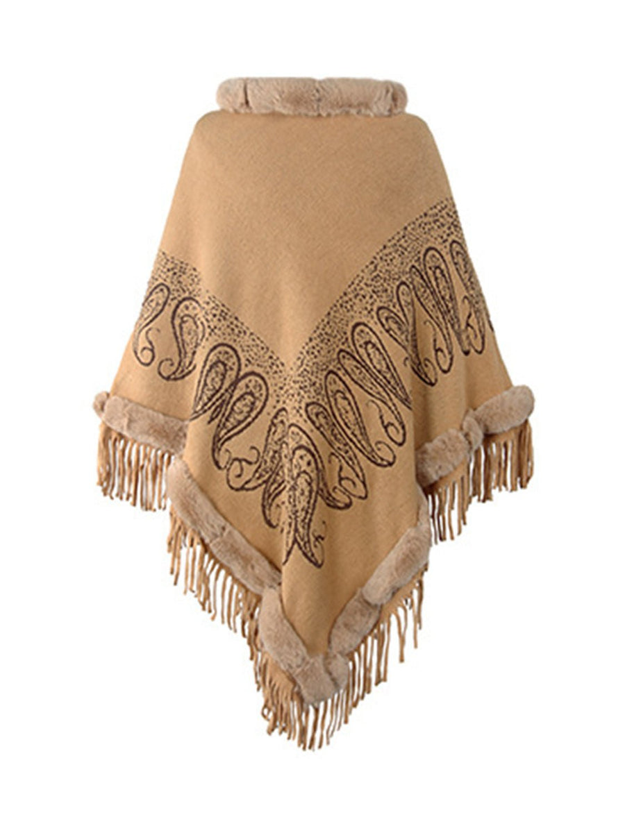 Graphic Fringe Cape Sleeve Poncho - Opulent EmpireGraphic Fringe Cape Sleeve PonchoOpulent EmpireClothing